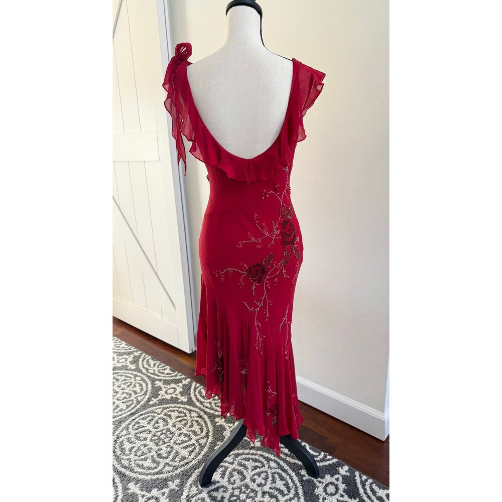 FLAWED Vintage Sue Wong Y2K Red Beaded Embroidered Asymmetrical Dress 12 S XS - Picture 6 of 17